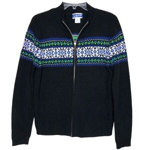 New - PENDLETON Wool Black. Blue, Green & White Full Zip Fair Isle Sweater SML